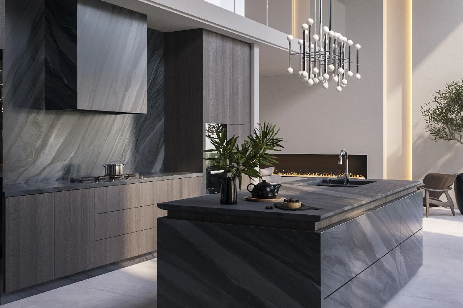 industrial kitchen with Infinity Grey quartzite countertop