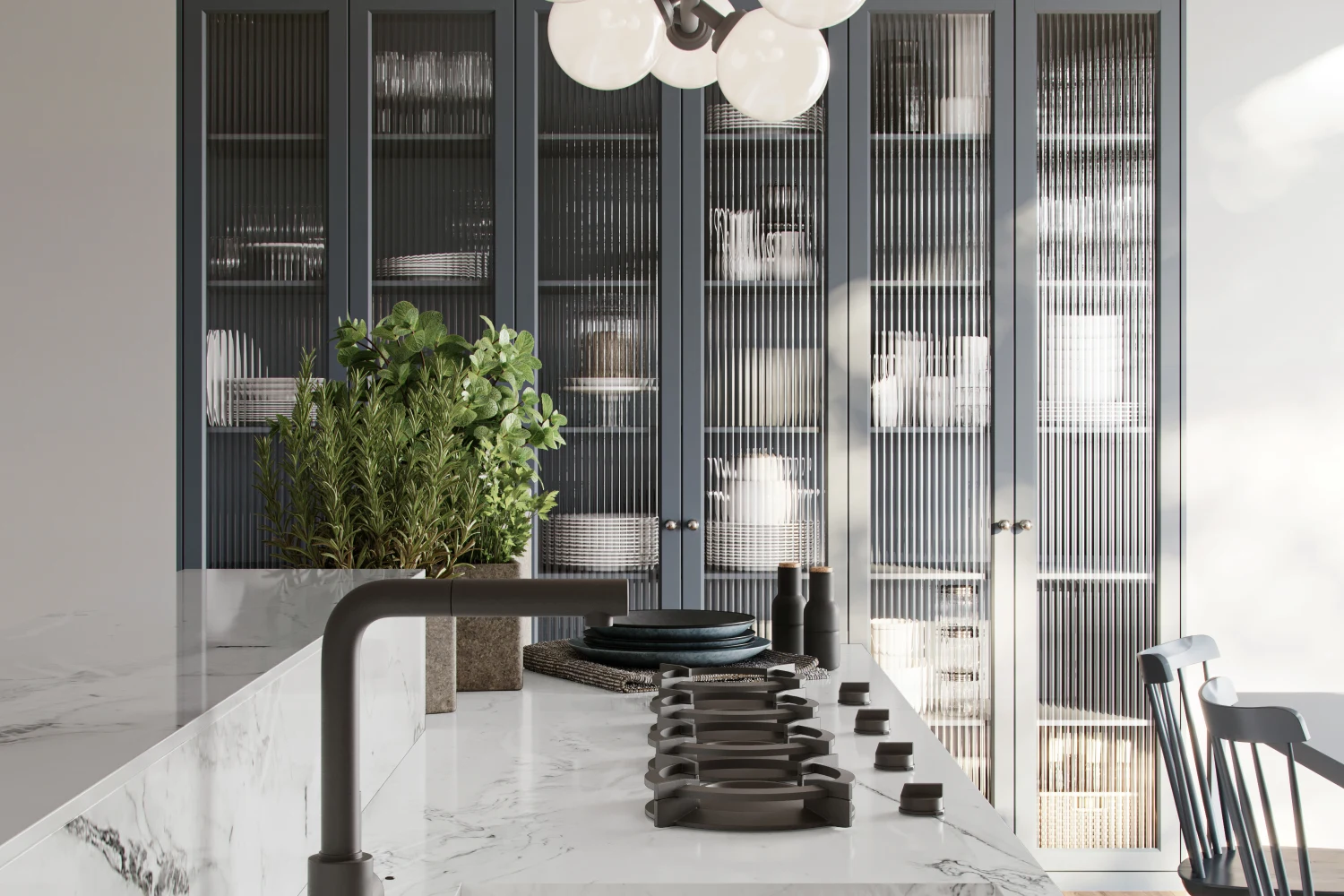 minimalist kitchen with Mont Blanc quartzite countertop
