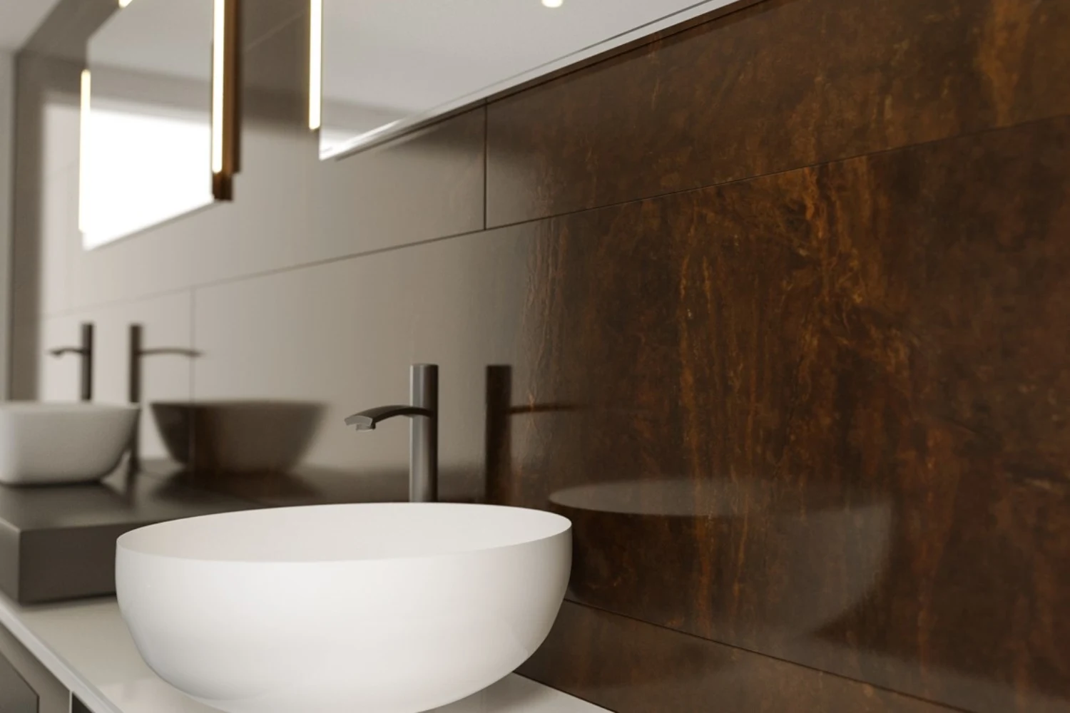 Lavabo de banheiro revestido com quartzito Bronzite