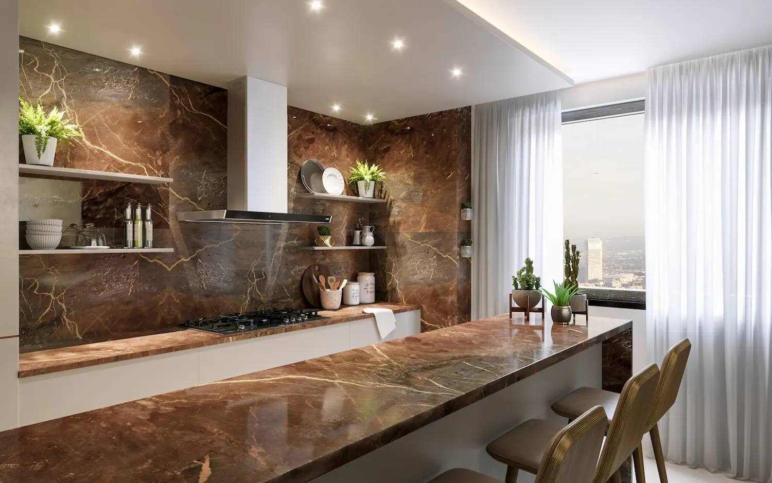 Cozinha rústica com bancada e parede revestida de quartzito Bronzite