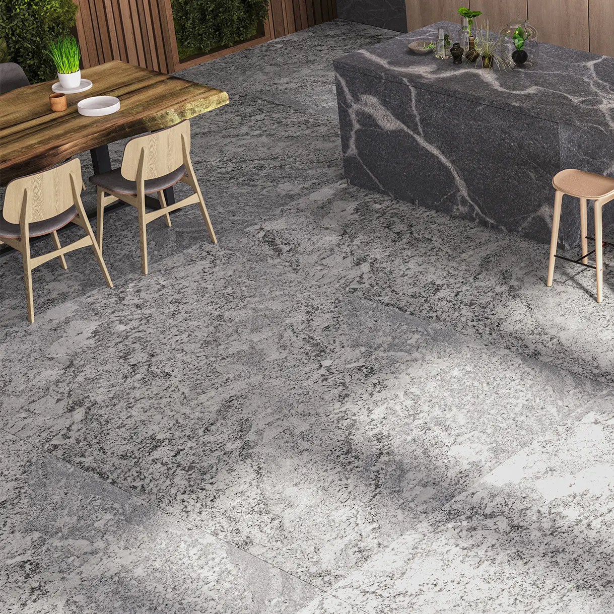 Cocina de exterior con suelo revestido de granito White Dune