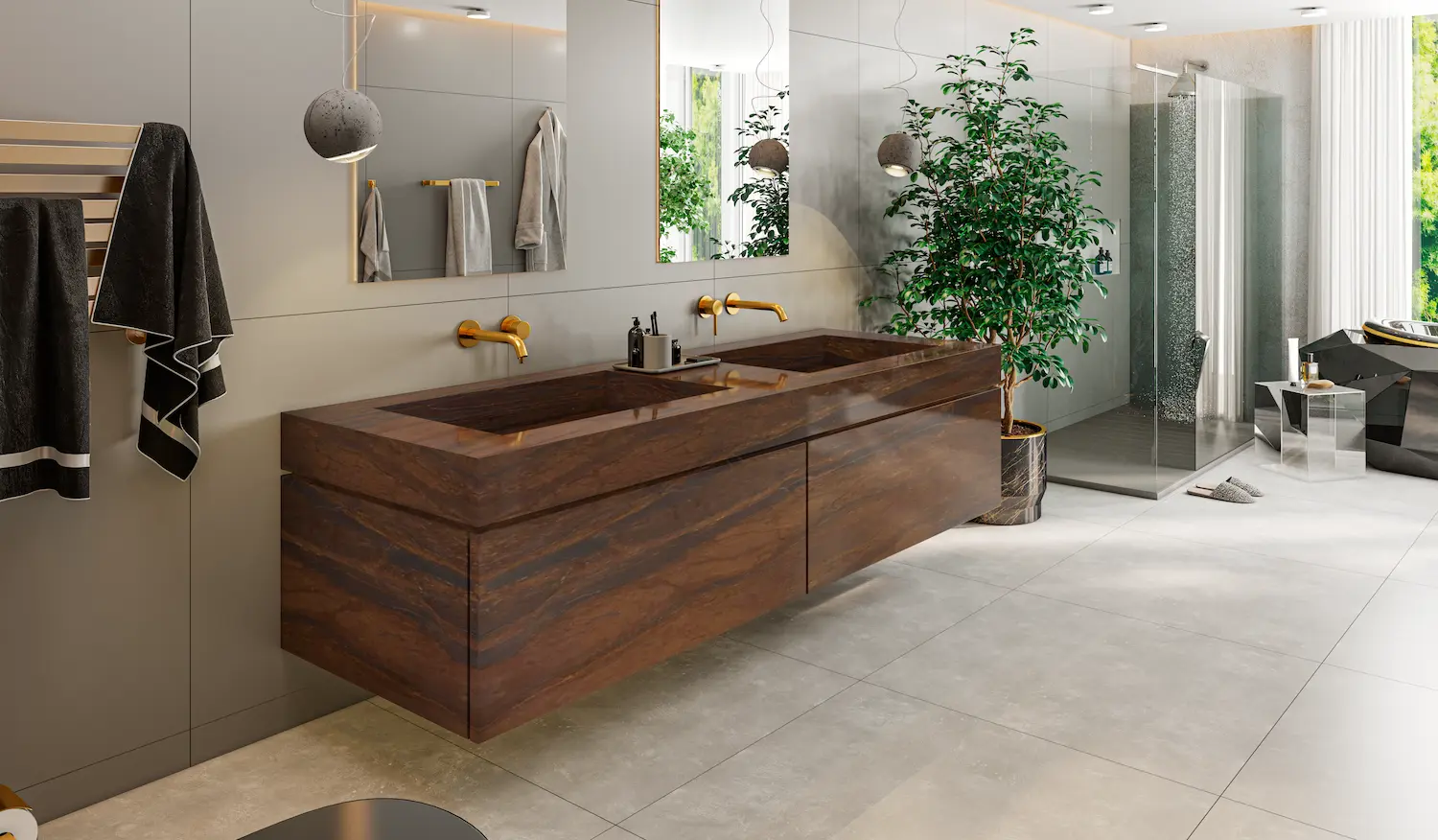 Bancada de banheiro com rocha ornamental quartzito