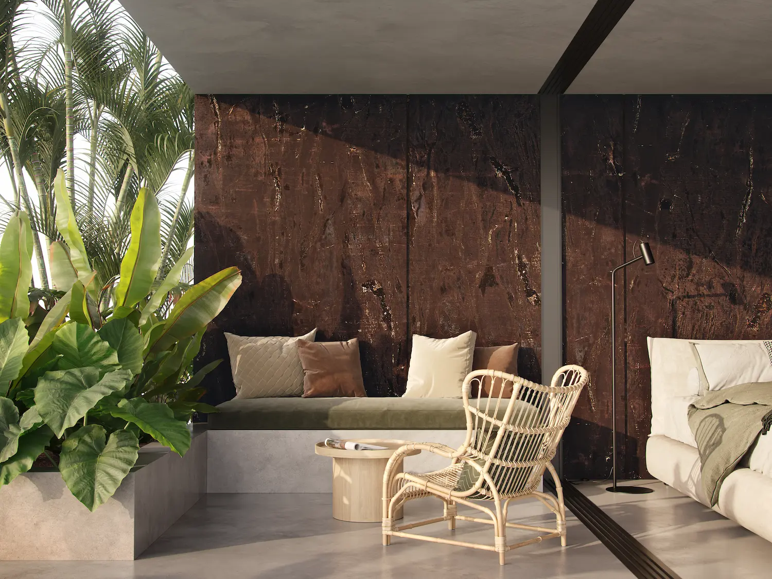 Quarto rústico com cama, sofá, cadeira e parede revestida de quartzito Bronzite