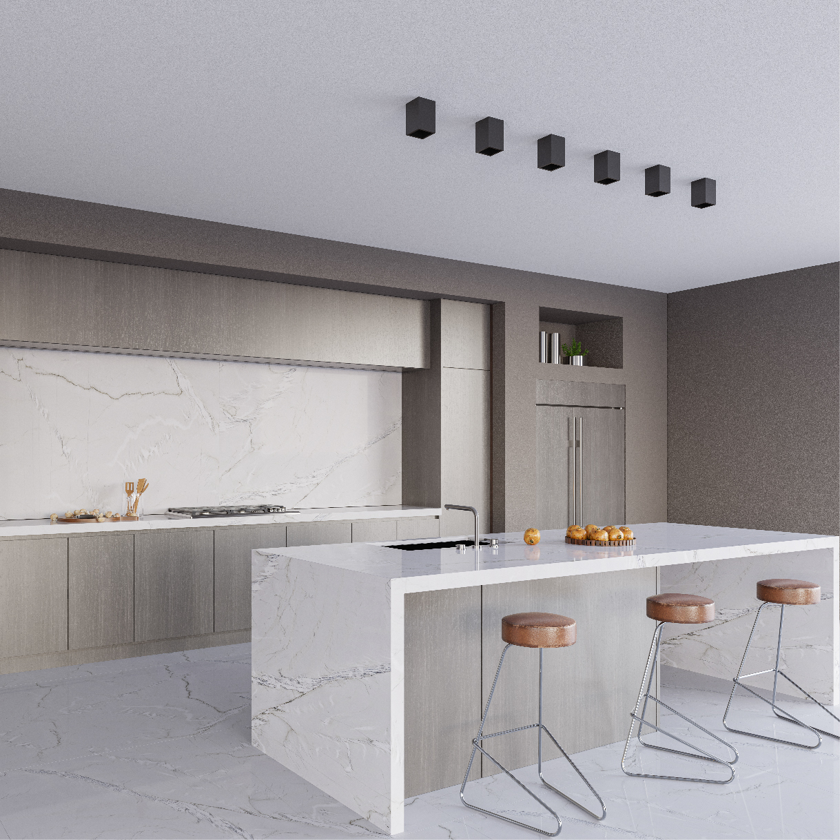 Bancada revestida de quartzito natural Mont Blanc em cozinha minimalista