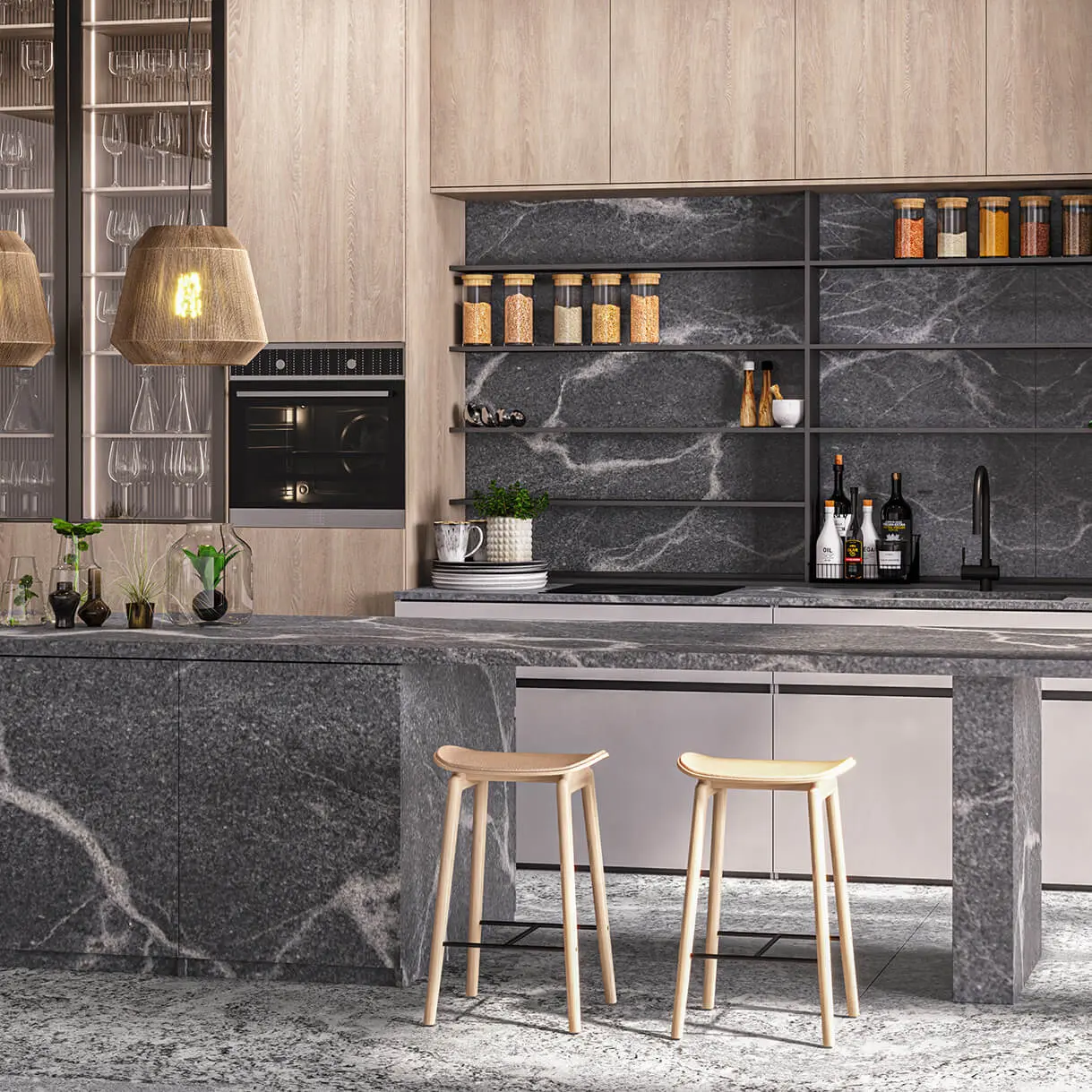 Encimera de cocina y backsplash revestidos de granito Silver Grey