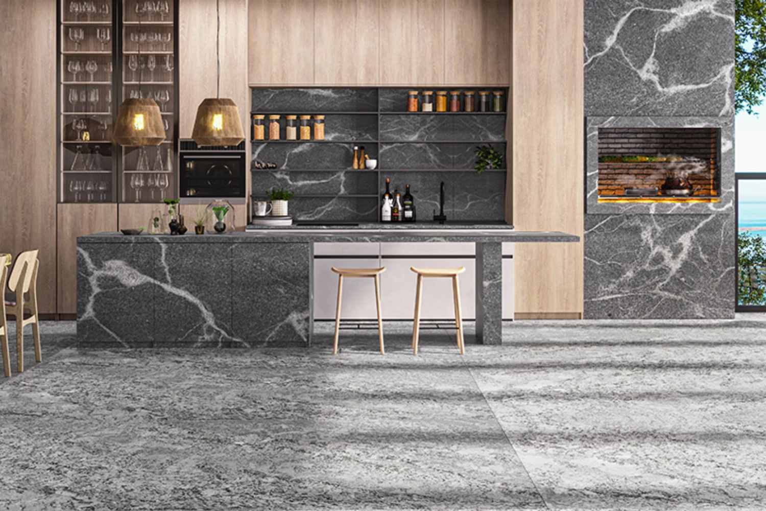 Área externa com cozinha e bancada revestida de granito Silver Grey e piso revestido de granito White Dune